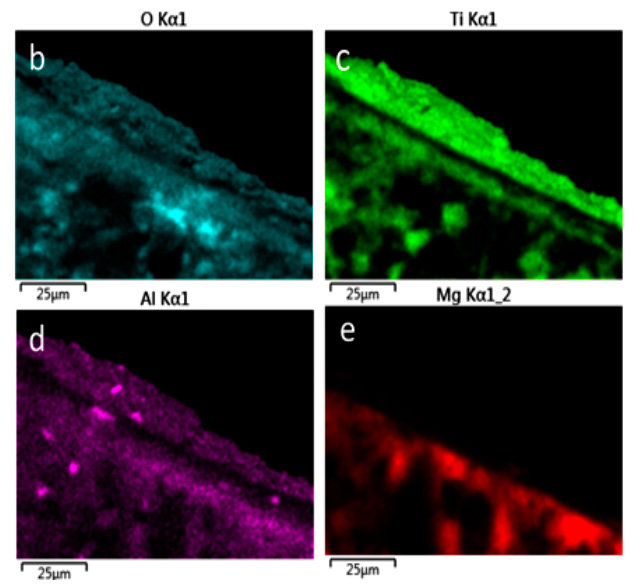 Fig. 6. AZ31 SEM image, film thickness and AZ31 EDS film thickness, a) Oxygen, b) Titanium, c) Aluminum, d) Magnesium. (López, Hernández, Betancur, Santa-Marín y Buitrago-Sierra, 2018)